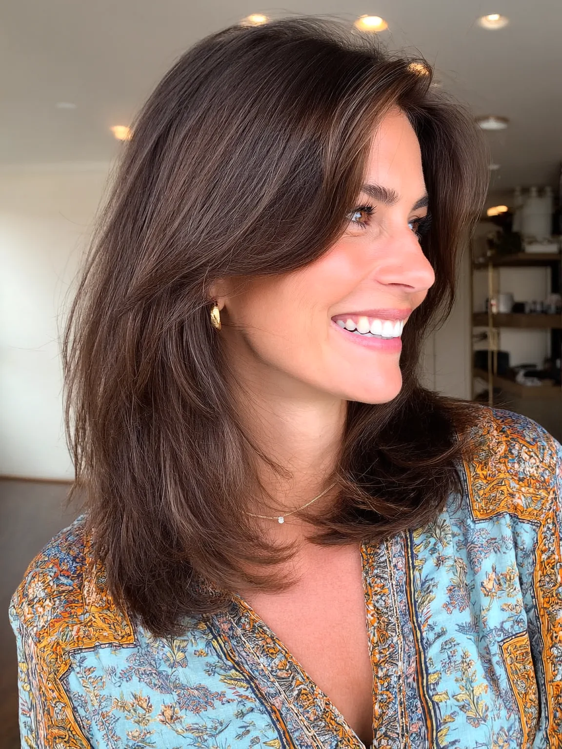 Shoulder-Length Feathered Layers in Rich Espresso Brown